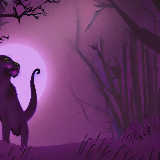 Image similar to closeup of a purple panther roaring at the moon in the forest. night. large moon in the center. cinematic. concept art.