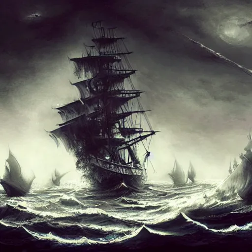 Image similar to ghostly pirate ship sailing on a raging sea, concept art, highly detailed, intricate, dark colour, tense atmosphere, night sky full of star