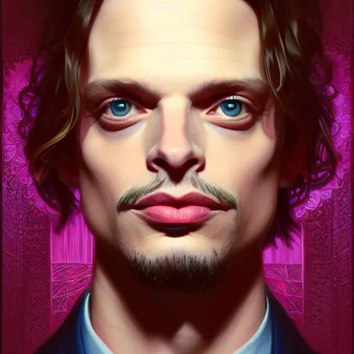 Image similar to symmetry portrait of matthew gray gubler, intricate, elegant, highly detailed, digital painting, artstation, concept art, smooth, sharp focus, illustration, art by artgerm and greg rutkowski and alphonse mucha