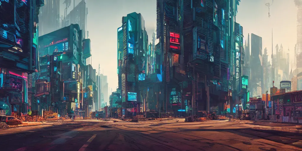 Prompt: Slumpunk Cyberpunk City from street view by Dylan Cole , unreal 5, hyperrealistic, realistic, photorealistic, dynamic lighting, highly detailed, cinematic landscape, studio landscape, studio lighting
