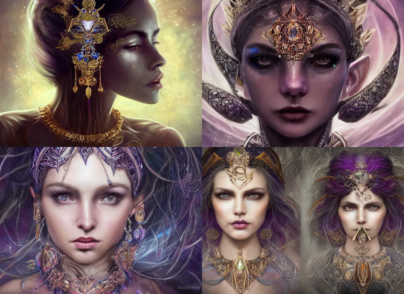 Prompt: realistic character concept, dark magician girl with lots of jewelry in the face, elegant pose, scifi, illustration, symmetrical face and body, artstation, cinematic lighting, hyperdetailed, 8 k, inspirate by michael shapcott, inspirate by melissa forman, insanely detailed and intricate, elegant, dark fractal background, vfx, art deco, postprocessing