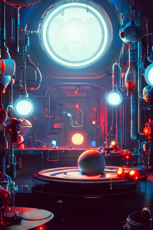 Image similar to bunch of mechanics operating bloody mickey mouse in science facility, big glowing netflix logo behind, greg rutkowski, beeple, gilleard, alphonse mucha cgsociety, unreal engine, octane render, highly detailed 4 k art, smooth, sharp focus, cinematic lighting,
