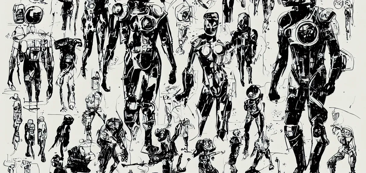 Image similar to male, heroic figure, space suit with a modern helmet, character sheet, structured shapes, science fiction, very stylized, character design, pen and ink, digital painting, watercolor wash, by mike mignola, by alex maleev, jean giraud