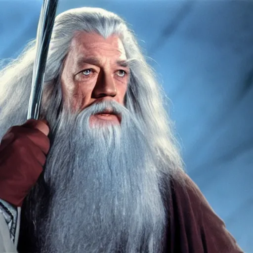 Image similar to A still of Gandalf as Captain Kirk on Star Trek