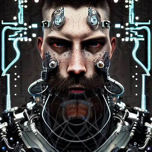 Prompt: ultra realist intricate detailed painting of a single rugged cyborg male, black scales on bearded face and cyborg tech on body, symmetry accurate features, cyberpunk, apocalyptic, very intricate details, focus, high resolution, 4 k, artstyle alex ries and hiraku tanaka, award winning