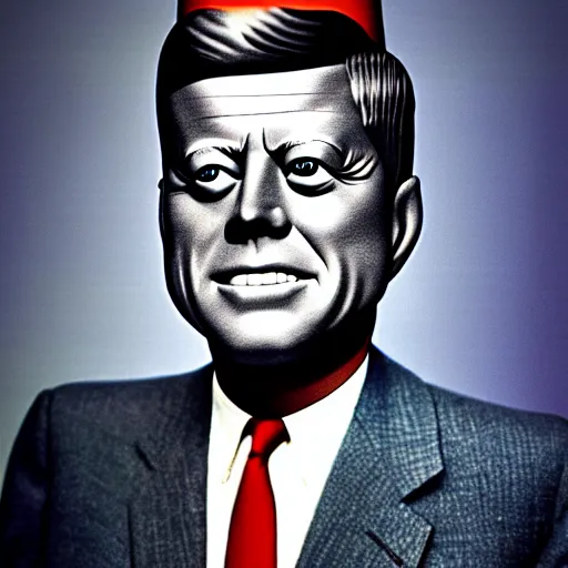 Prompt: jfk with robotic metallic skin and red eyes and an evil grin standing on top of the eye of providence, realistic photography, high detail