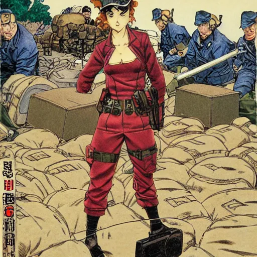 Image similar to manga style, marvel japan coloring, side portrait of a girl, trench and sandbags in background, realistic soldier clothing, realistic anatomy, norman rockwell, tom lovell, alex malveda, jack kirby, greg staples