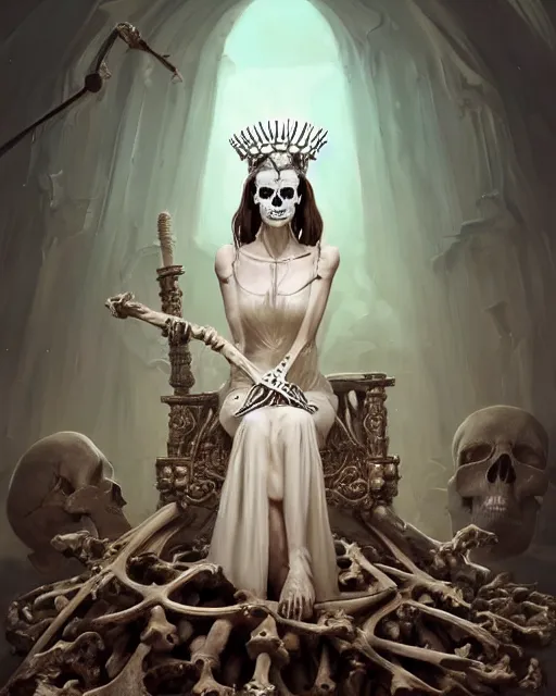 Prompt: computer rendering of a bone queen sitting on her throne, bone crown, skull earings, bone dress, throne made of bones, stephen bliss, unreal engine, by greg rutkowski, loish, rhads, makoto shinkai and lois van baarle, ilya kuvshinov, rossdraws, global illumination, radiant light, trending on artstation