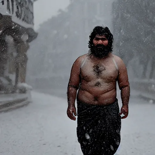 Image similar to photograph of caveman in Dhaka city during snowfall