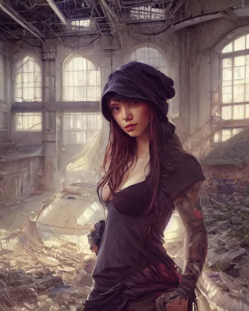 Image similar to daniel gerhartz and artgerm detailed portrait digital rococo painting of a beautiful woman wearing streetwear clothing, abandoned warehouse interior in the background, unreal engine, hyper realism, realistic shading, cinematic composition, realistic render, octane render, detailed textures, photorealistic, ultrawide shot, 3 5 mm film