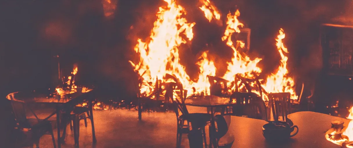 Image similar to a photograph of a big fire on a dining room on fire, an human-like relaxed dog sitting on a wooden chair at a table (no fire at all there), ☕ on the table, surrounded by flames, a lot of flames behind the dog, black smoke instead of the ceiling, no watermark