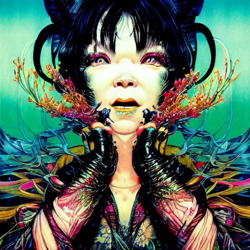 Prompt: portrait of crazy beautiful singer bjork, ymmetrical, by yoichi hatakenaka, masamune shirow, josan gonzales and dan mumford, ayami kojima, takato yamamoto, barclay shaw, karol bak, yukito kishiro