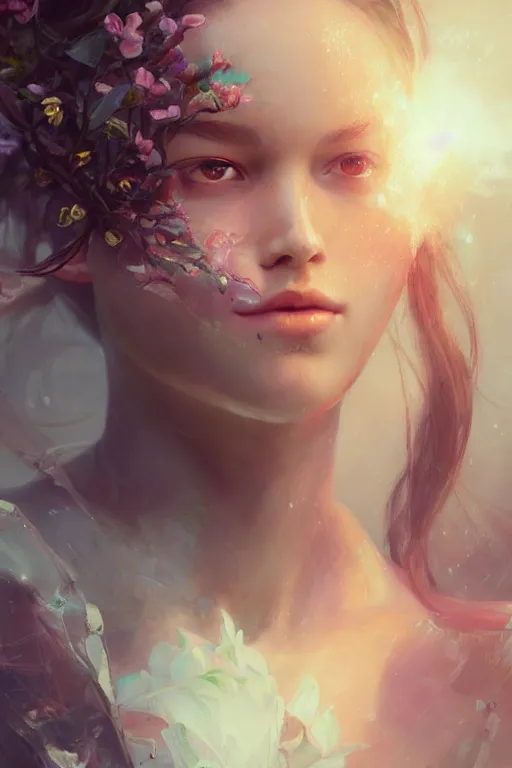 Prompt: face closeup a young beautiful girl drowned in water, 3 d render, hyper realistic detailed portrait, holding magic flowers, ruan jia, wlop. scifi, fantasy, hyper detailed, octane render, concept art, peter mohrbacher