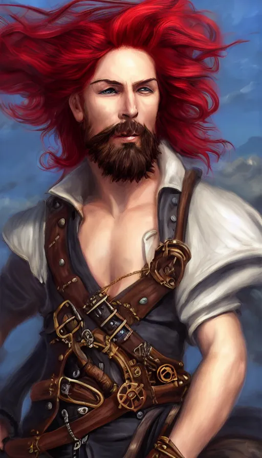 Image similar to portrait of a male pirate with flowing red hair!!!!!!, airship in the background!!!!!!, lean body!!, Steampunk!!!!!!!, D&D, fantasy, simple clothing!!!!, elegant, highly detailed, digital painting, artstation, concept art, sharp focus, illustration, art by Artgerm and Greg Rutkowski and Alphonse Mucha