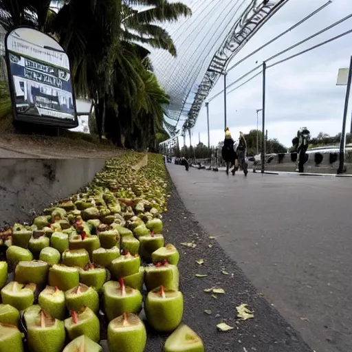 Prompt: the boulevard of broken dreams. The people have kiwifruit instead of heads