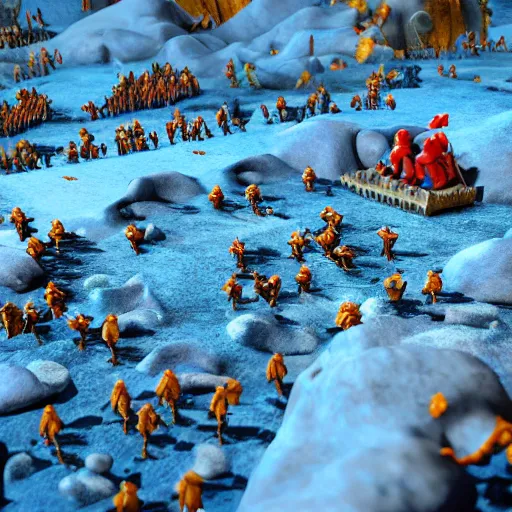 Image similar to hundreds of blue smurfs fighting hundreds of red smurfs with medieval weapons battling on an epic battlefield with a desolate rocky plateau, moon shining golden light, miniaturecore, supremely digital, medieval, pixar render, super detailed, outstanding detail, dreamlike lighting, god rays