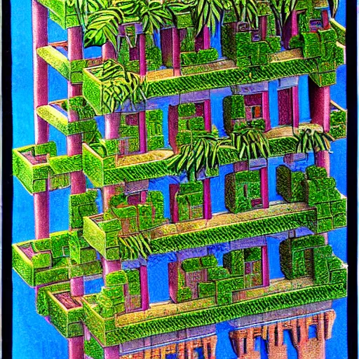 Prompt: hanging gardens of babylon, in the style of m c escher, colored pencil drawing