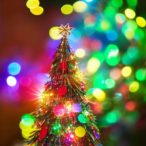 Image similar to rainbow lorakeets in a christmas tree, sparkling light, christmas lights, vaseline lens, sacred golden light, nostalgia