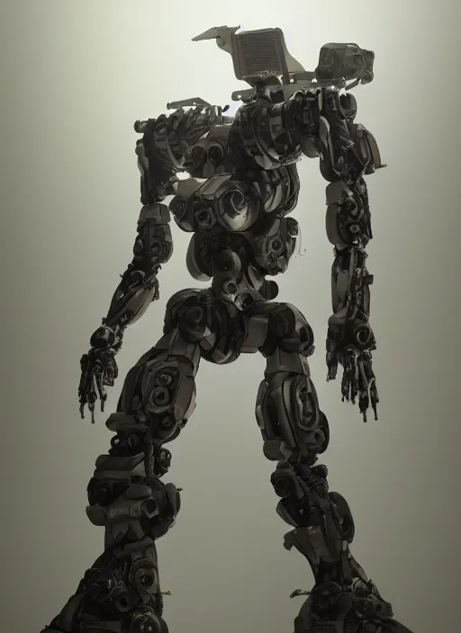 Prompt: a Photorealistic dramatic hyperrealistic full frame render of a futuristic exosuit warrior Mech,Ultra realistic details,glossy white metal,weathered surfaces,by Hidetaka Tenjin,Yoh Yoshinori,Yoji Shinkawa,Masamune Shirow,Beautiful dramatic dark moody tones and lighting,cinematic atmosphere,studio lighting,shadows,dark background, Octane render,8K