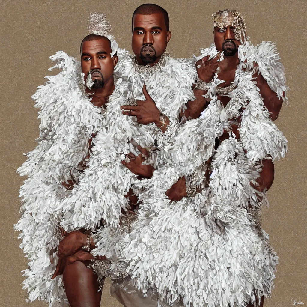 Image similar to kanye west _ with _ a _ decorated _ dress _ made _ of _ white _ pearls _ and _ white _ plumes _ of _ swan _ highly _ detailed _ digital _ painting