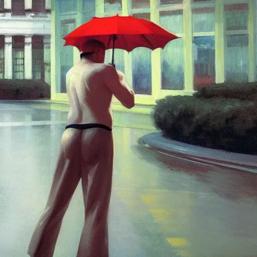 Image similar to man dancing in the rain, edward hopper, hajime sorayama, trending on artstation,