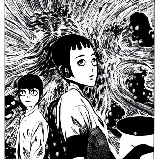 Prompt: a junji ito manga adaptation of peter watts'blindsight, scifi, highly detailed