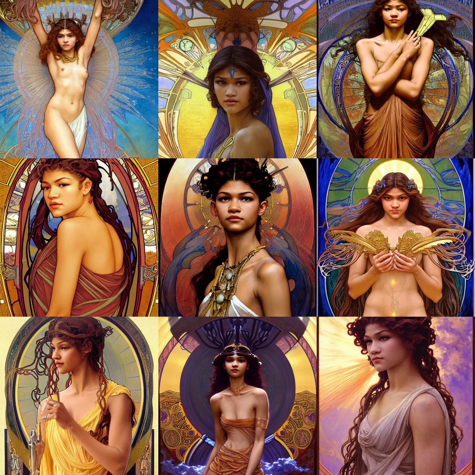 Prompt: stunning, breathtaking, awe-inspiring award-winning concept art nouveau painting of attractive Zendaya as the goddess of the sun, with anxious, piercing eyes, by Alphonse Mucha, Michael Whelan, William Adolphe Bouguereau, John Williams Waterhouse, and Donato Giancola, cyberpunk, extremely moody lighting, glowing light and shadow, atmospheric, cinematic, 8K