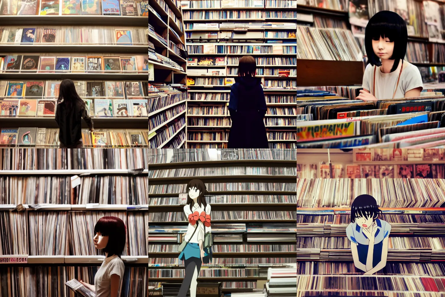 Prompt: girl in a record store, melancholy, from the anime film by makoto shinkai
