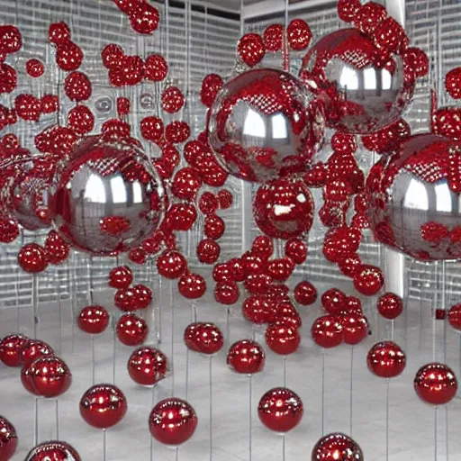 Prompt: chrome spheres on a red cube by nam june paik