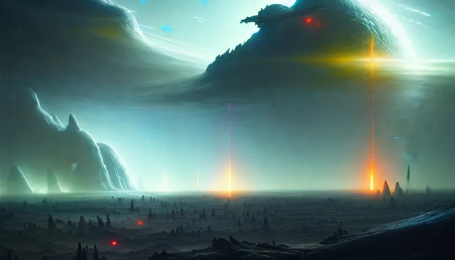 Image similar to paint an epic sci - fi battle scene as sd ai would paint it, in the tyle of tom bagshaw, epic scene on earth like planet surface, glowing light and shadow, cinematic lighting, unreal engine, atmospheric, god lighting, lasers