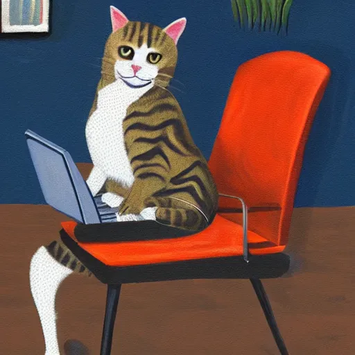 Image similar to painting of a cat in a business suit, sitting in a chair and using a laptop