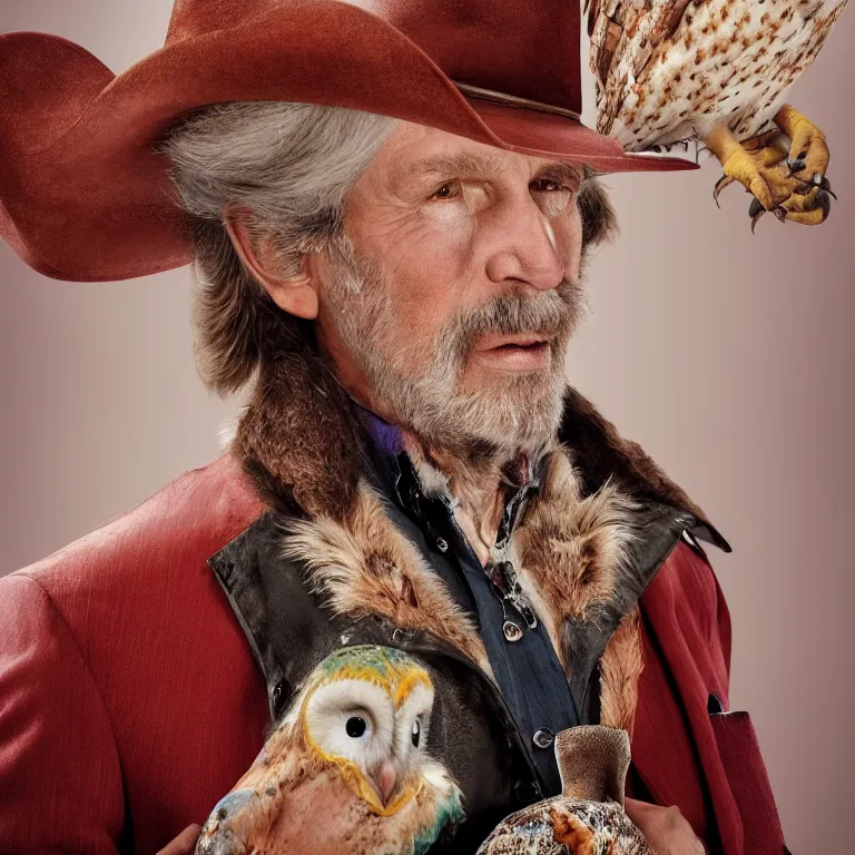 Prompt: high fashion photoshoot octane render portrait by wayne barlow and carlo crivelli and glenn fabry, a distinguished old cowboy wearing a colorful wes anderson designed cowboy costume and holding a barn owl inside a high - end exotic colorful pastel vintage boutique hotel lounge, very short depth of field, bokeh