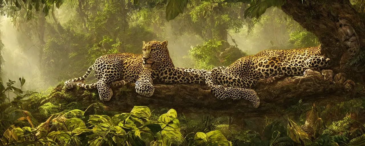 Image similar to leopard laying down in the jungle, beautiful dynamic lighting, cinematic, wide angle establishing shot, extremely high detail, photo realistic, cinematic lighting, post processed, concept art, artstation, matte painting, style by frederic church, raphael lacoste, unreal engine 8 k