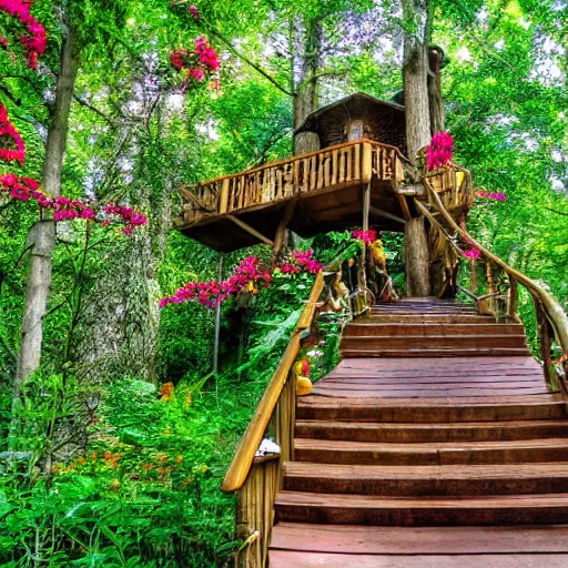 Prompt: a staircase to a treehouse covered in flowers, hd, high detail, vivid color