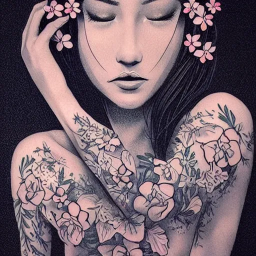 Image similar to tattoo design, stencil, traditional, beautiful portrait of a girl with flowers in her hair by artgerm, artgerm, digital art