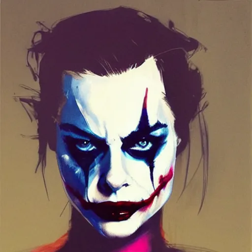 Prompt: portrait of margot robbie with light joker make up, artwork by guy denning and charlie bowater,