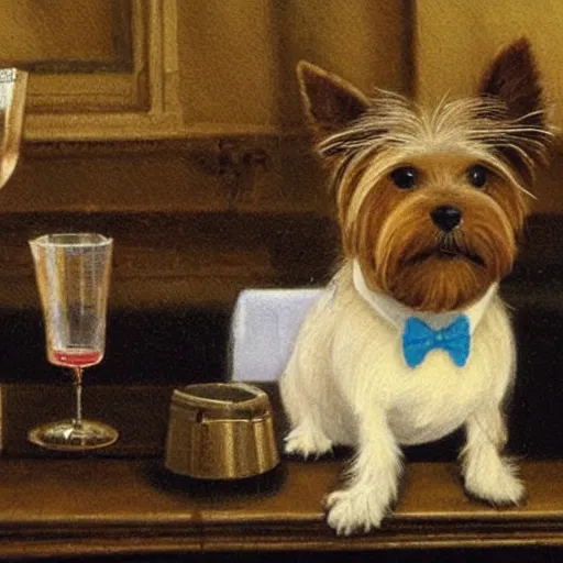 Prompt: a Yorkshire terrier at a bar wearing a bow tie, extremely detailed masterpiece, illustration, by Michael Sowa,