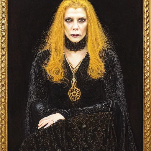 Image similar to portrait of a witch, dressed in black clothes, embroidered with gold, by donato giancola.