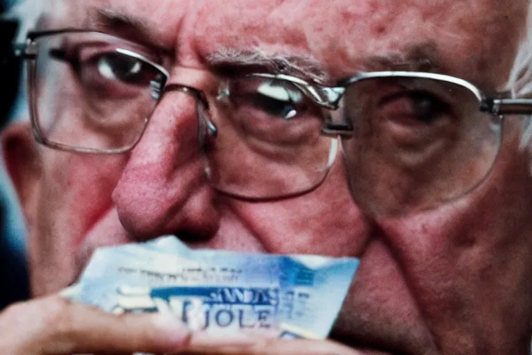 Image similar to closeup potrait of bernie sanders giving you a crisp hundred dollar bill in a washington street, screen light, sharp, detailed face, magazine, press, photo, Steve McCurry, David Lazar, Canon, Nikon, focus