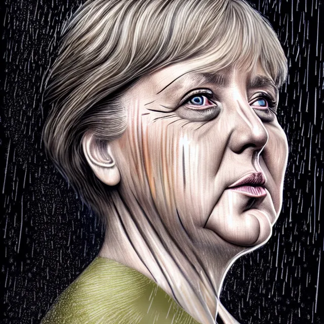 Image similar to bright portrait of Angela Merkel, LSD rain on face and wet hair, diffuse overhead lighting, fantasy, intricate, elegant, dramatic lighting, highly detailed, lifelike, photorealistic, digital painting, artstation, illustration, concept art, smooth, sharp focus, art by John Collier and Albert Aublet and Krenz Cushart and Artem Demura and Alphonse Mucha