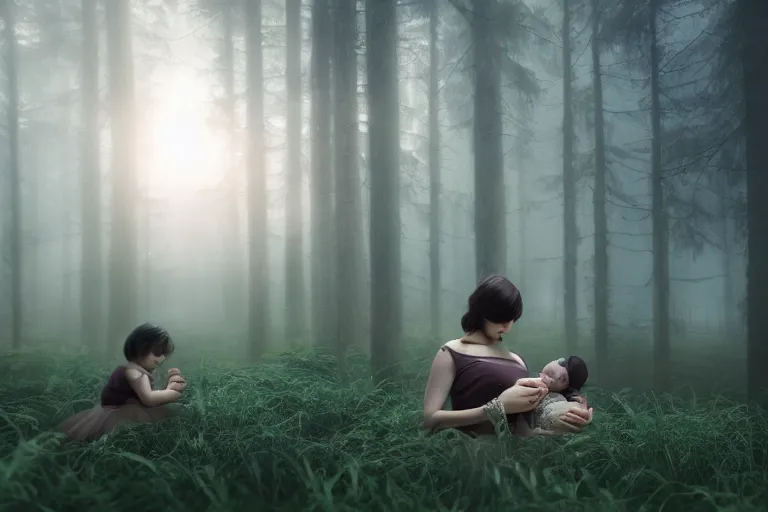 Image similar to a cinematic shot of a young woman with dark hair holds a baby in a dark, foggy forest, octane render, nvidia raytracing demo, closeup, masterpiece