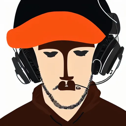 Image similar to streamer on twitch with black hat, stubble, ginger hair, orange hair, black cap, stubbles, red headphones, in the style of tatsuro kiuchi, art