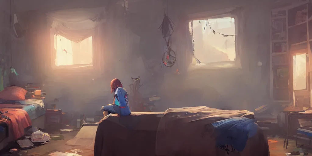 Prompt: an environmental concept art of life is strange, chloe price, bedroom interior, highly detailed, environmental light, cinematic by francis tneh