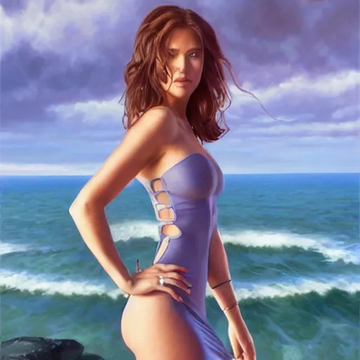Image similar to full body portrait of addison rae wearing a skintight dress in a beach, large thighs, intricate, elegant, highly detailed, digital painting, artstation, smooth, sharp focus, illustration, art by artgerm and greg rutkowski and alphonse mucha, 8 k