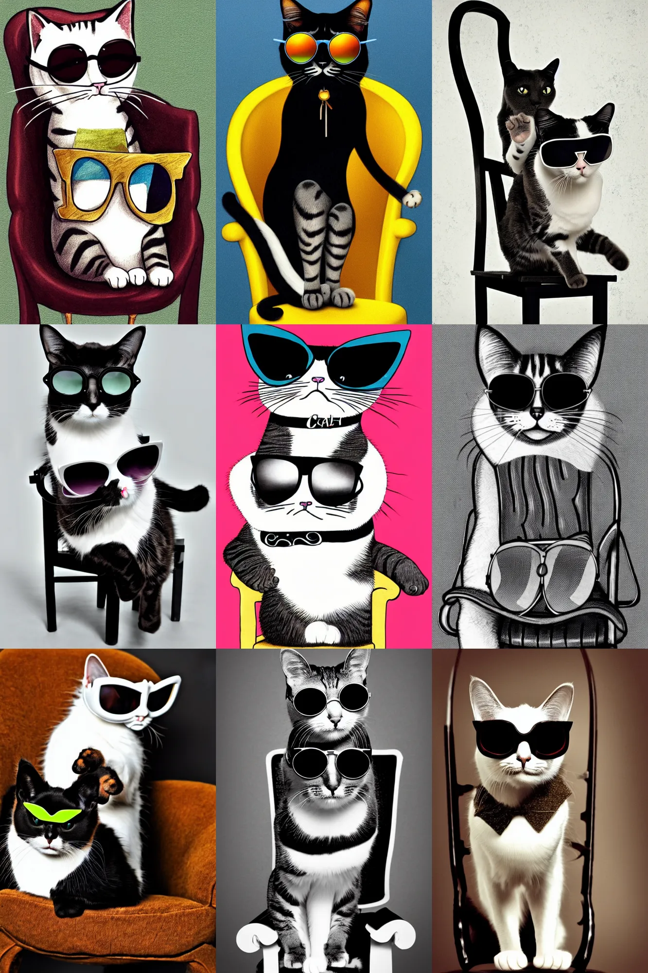 Prompt: A cat sitting in a chair, wearing a pair of sunglasses by Tim Burton