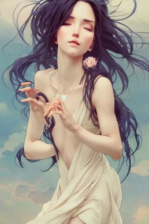 Image similar to full body windy hair zero gravity seductive meditation goddess in the style of artgerm, wlop, greg rutkowski, alphonse mucha and ayami kojima, realistic details, volumetric lighting, very very very very beautiful symmetrical face, trending on artstation, artstationhd, artstationhq, unreal engine, 4 k, 8 k