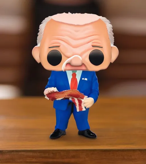 Image similar to funko pop character of joe biden in a bacon suit.