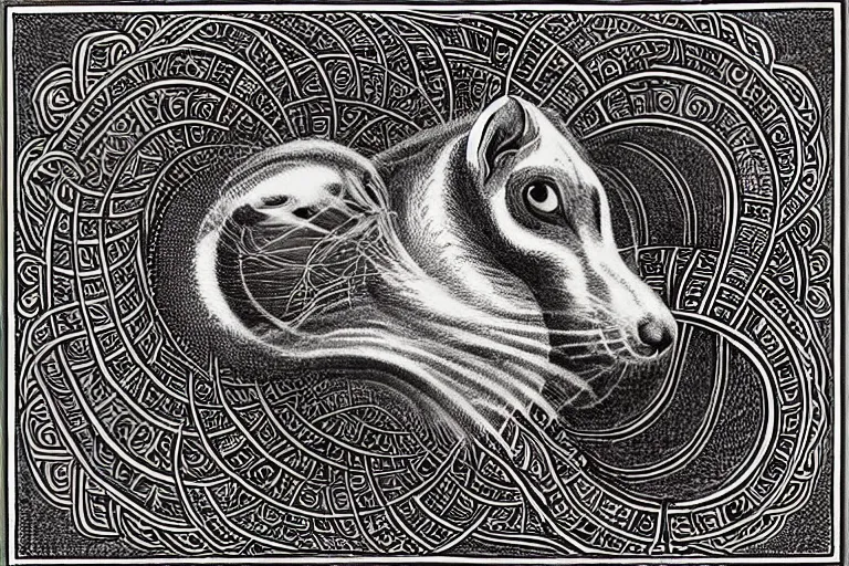 Image similar to an ornate illustration in the styles of mandalas and fractals, the styles of escher and penrose, depicting a weasel staring deep into the heart of the impossible all - and - nothing of the emerging technological singularity ; / what has god wrought? / he seems to be whispering.