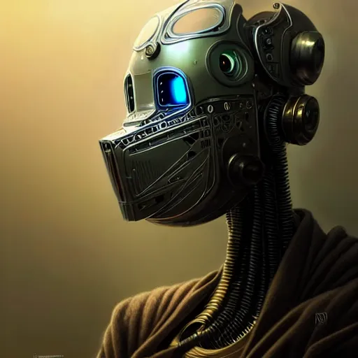 Image similar to low angle shot of a cyberpunk gazmask robot character, intricate, elegant, highly detailed, centered, digital painting, artstation, concept art, front shot, smooth, sharp focus, illustration, artgerm, Tomasz Alen Kopera, Peter Mohrbacher, donato giancola, Joseph Christian Leyendecker, WLOP, Boris Vallejo