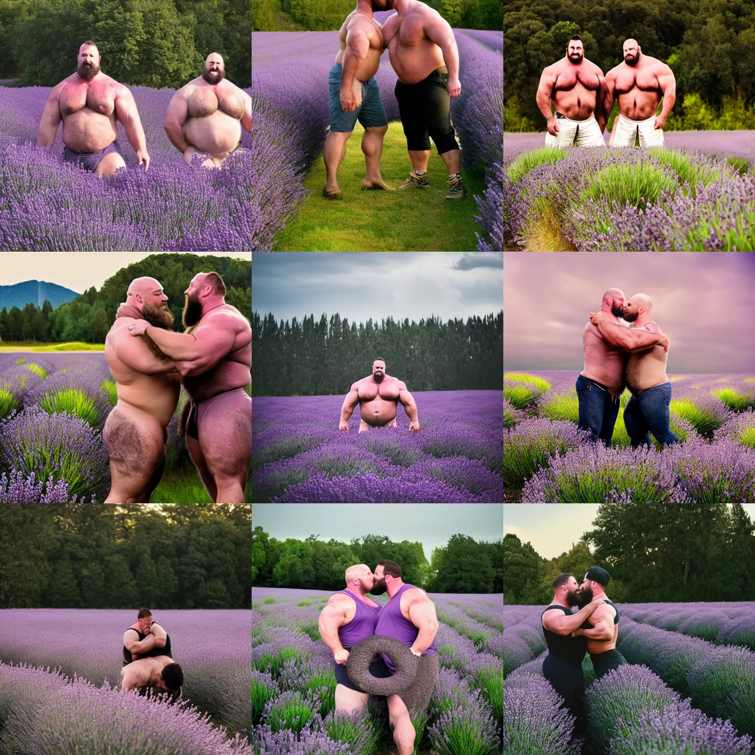 big burly muscle bear strongmen kissing in a field of | Stable Diffusion